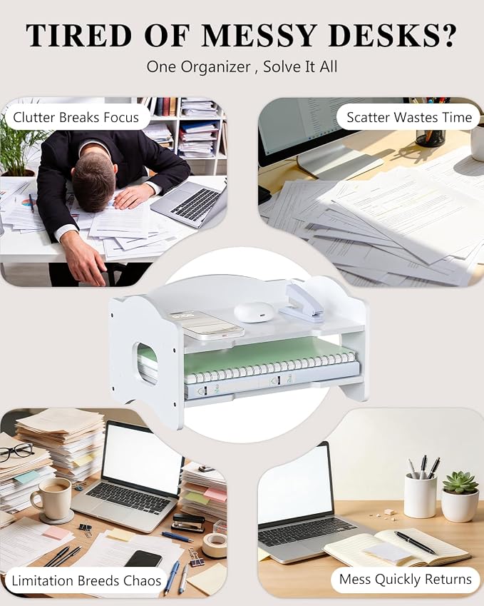 WALI Desk File Organizer, 2 Tier Stackable Desktop Paper Letter Tray Organizer with Handle, Office Desk Accessories & Workspace Organizers for Office, Home, School Supplies, 1 Pack, White
