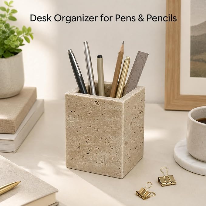 Natural Travertine Desk Organizer Pen Holder | Single Compartment Pencil Cup for Pens, Makeup Brushes, 3.15 x 3.15 x 3.94 in