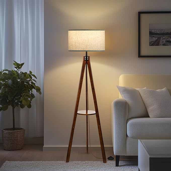 EOEYYOYB Floor Lamps with Shelf, Modern Standing Lamp with 3 Color Temperature Led Bulb, Tall Lamps with Foot Switch for Living Room Bedroom and Office, Juglans Nigra