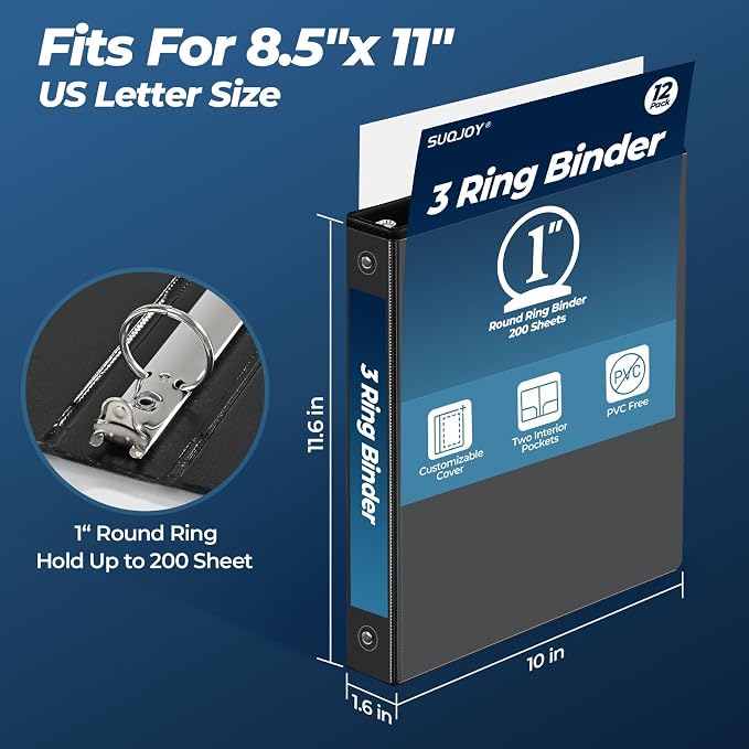 SUQJOY 1 Inch 3 Ring Binders 12 Pack, Clear View Binder Bulk, Black PVC-Free 3-Ring Binders for School, Office or Home, Fits 8.5 x 11 Inches Paper