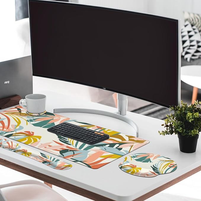 Keyboard Mouse Pad Set, 4 in 1 Desk Mat Set, Bohemian Rainforest | Boho Tropical Large Mousepad+Keyboard Wrist Rest+Mouse Wrist Rest+Coaster Ergonomic Design for Home Office Computer