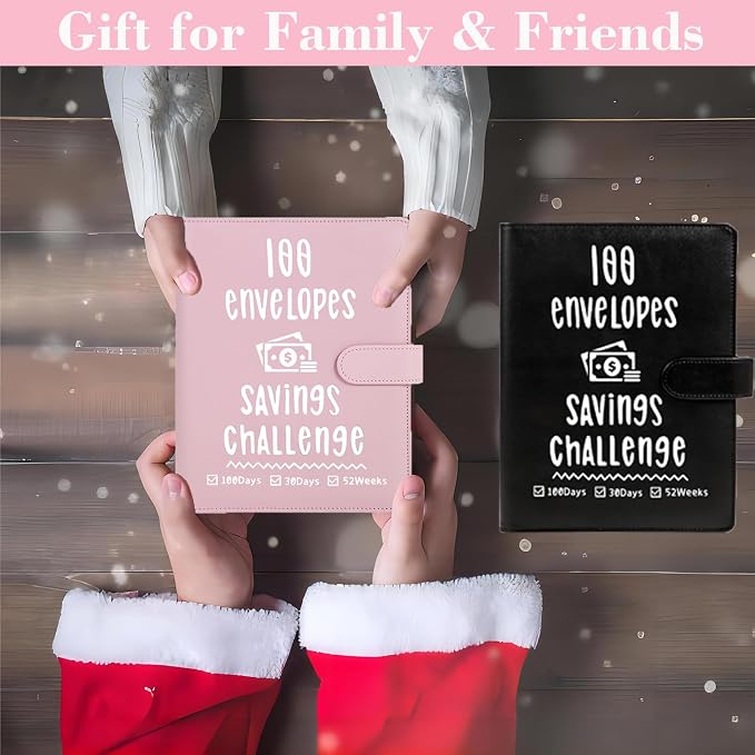 2 Pack 100 Envelopes Money Saving Challenge, Cash Budget Planner A5 Binder | Savings Challenges Book Organizer Folder with 3 Tracker to Save $5,050 $2,600 $300, 100 Pre-numbered Pockets, Pink & Black