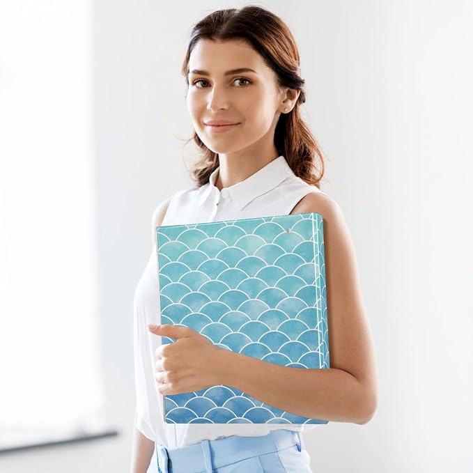Mermaid Scales Aqua Blue Round Ring Binders 1.5 Inch Pastel Turquoise Cute Marine Sea Wave 3 Ring Clipboard Binder for Office School Work Supplies File Folder 200 Sheet Capacity 2 Pieces