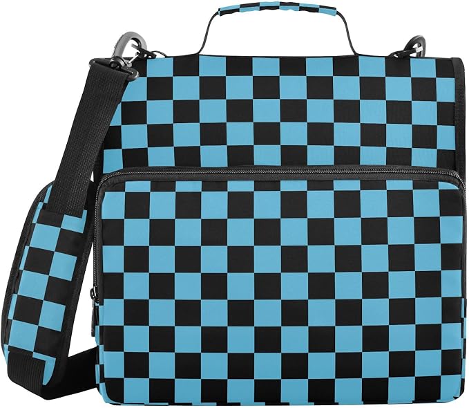 Black Blue Checkered Pattern 3 Ring Binder Bag 1.5 inch Binder Organizer with Zipper Shoulder Strap 500 Sheet Documents Storage for School Office