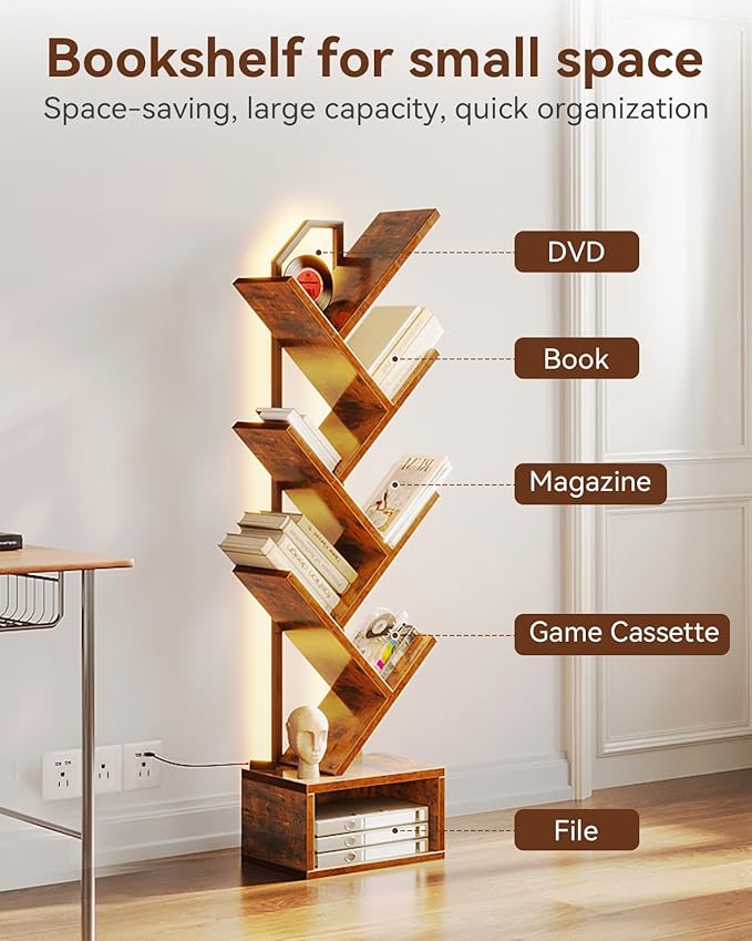 Casaottima Tree Bookshelf with LED Lights, 6-Tier Small Bookshelf, Vintage | Narrow Bookcase for Small Spaces, Steel & Wood Storage Shelf with Cabinet, Home Organizer for Living Room, Bedroom, Office