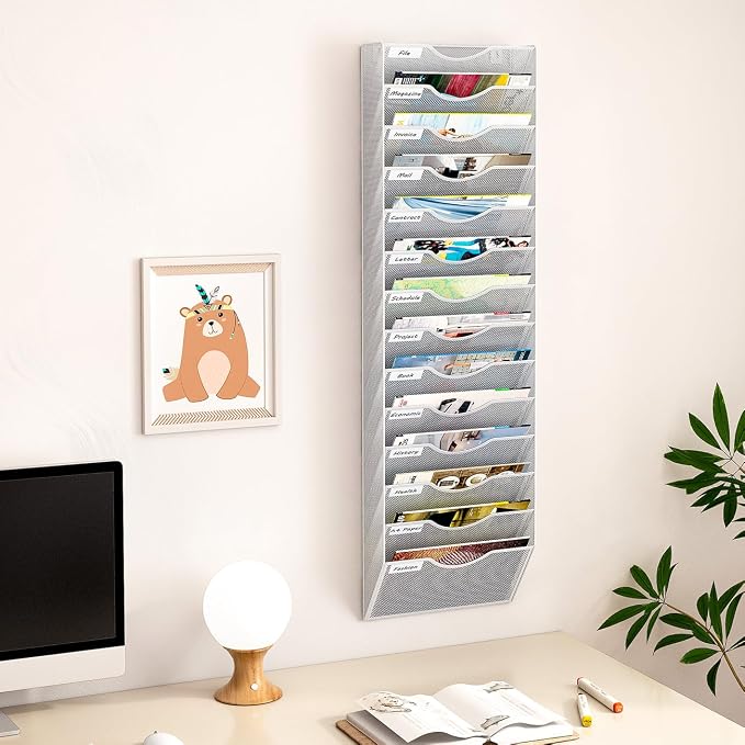 14 Pockets Hanging Wall File Organizer, Office Organization Wall Mount Mail Sorter Paper Holder Bill Organizer for Home, White