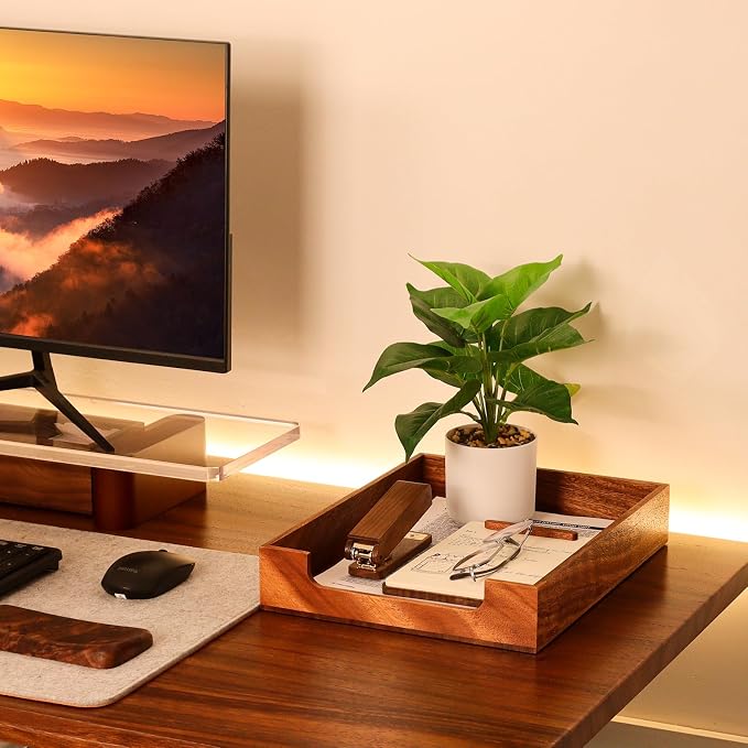 Multibey Walnut Wood Letter Tray for Desk, A4 Paper File Holder Organizer | A4 Wooden Paper Tray with Rounded Corners, Paper Document File Tray Storage Holder for Office & Home School, Black Walnut