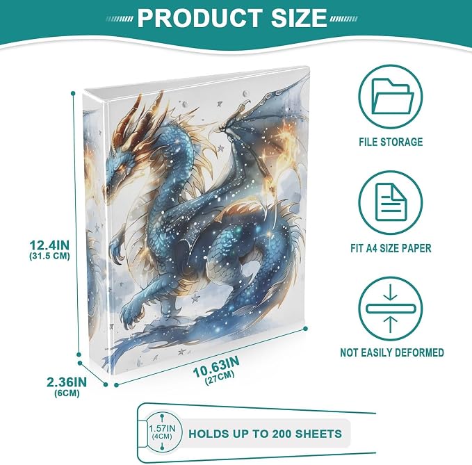 3 Ring Binder Dragon Water Fire 1.5 inch Binders Three Ring Binders with Clipboard Fit 8.5'' x 11'' Paper 3 Interior PVC Clear Pockets for Office Supplies
