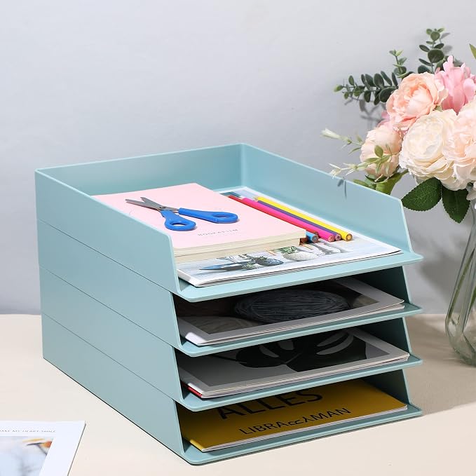Tatuo 4 Pack Stackable Paper Trays Plastic Letter Tray Desk Organizer Paper Holder Organizer Storage Office Desk Accessories for Classroom Magazine File Documents 12.8 x 9.45 x 1.97, Blue Green