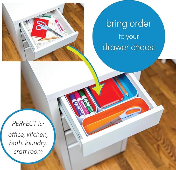 Three by Three Seattle Metal Drawer Organizer Tray Set, 5-Pc, 2" (Assorted) | Deep 2" food-safe metal bins; soft non-scratch base; perfect for kitchen utensils, tools & bulkier drawer items