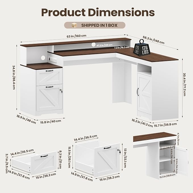 MALOL 63" Farmhouse L Shaped Executive Desk, Corner Computer Desk with Drawers & Storage Shelf, Home Office Desk with Power Outlet, Monitor Stand, Wood Grain Desktop, White & Rustic Brown