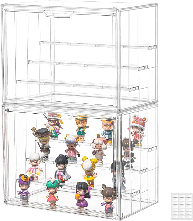 Acrylic Display Case for Collectibles, 4 Tier Figure Display Box, 2 Pack | 3 Movable Dividers, Magnetic Door for Easy Access, Clear Showcase, Easy Assembly, Stable Stacking, Wide Handle, Dustproof
