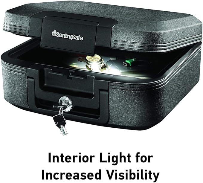 SentrySafe Fireproof and Waterproof Chest Box with Key Lock, Black Travel Safe with Interior Lighting and Carrying Handle, 0.28 Cubic Feet, 6.6 x 15.4 x 14.3 Inches, CHW20205