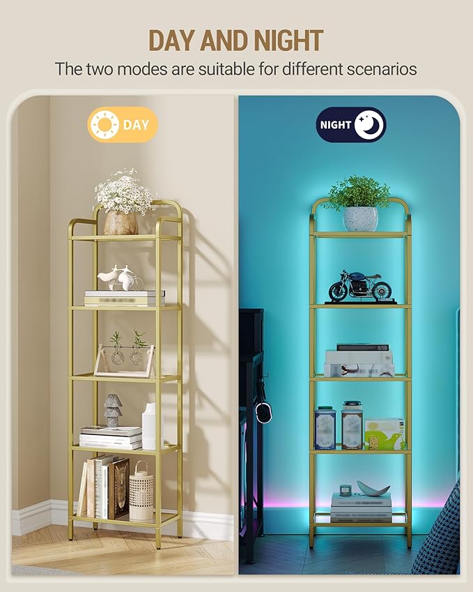 Hzuaneri Bookshelf, Tempered Glass Bookshelves with Lights and Steel Frame | Tall Narrow Bookcase , Display Shelf, Slim Shelving Unit for Living Room, Bedroom, 9.6"D x 15.4"W x 55.9"H Gold BC34599G