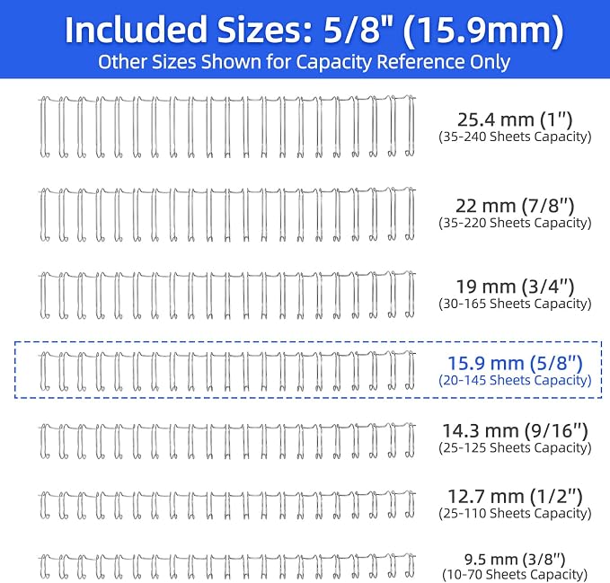RAYSON Binding Wire 2:1 Pitch 21 Loop, 5/8 Inch, Silver, 145 Sheet, 50 Pack | 2:1 Pitch Wire Binding Spines | Double Loop Wire Design | 145 Sheet Binding | Letter Size | Silver 50 Pack