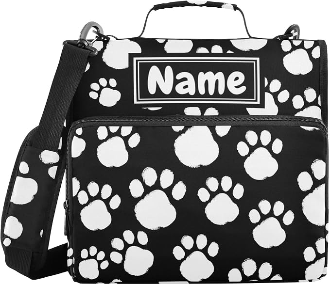 Custom White Black Paws Print 3 Ring Binder Bag 1.5 inch Personalized Name Binder Organizer 500 Sheet Documents Storage for School Office