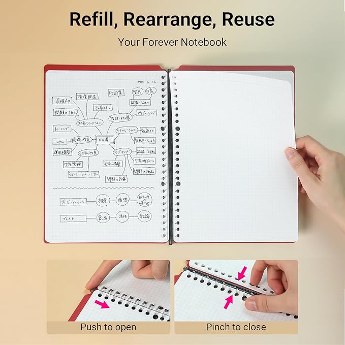 KOKUYO Smart Ring Binder Notebooks, 2 Pcs B5 Refillable Notebook, 8mm Ruled, 20 Sheets Each, Plus Extra 50 Sheets 5x5 Graph Loose Leaf Paper, 25 Sheet Capacity, Ideal for School & Work, Black & White