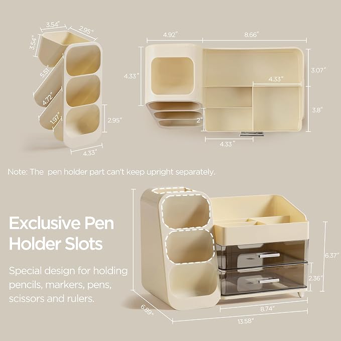 HBlife Desk Organizer with Pen Pencil Holder for Desk, Pen Organizer with 2 Drawers, Desk Organizers and Accessories with 4 Compartments, Desktop Storage for Office Home School Art Supplies, Beige
