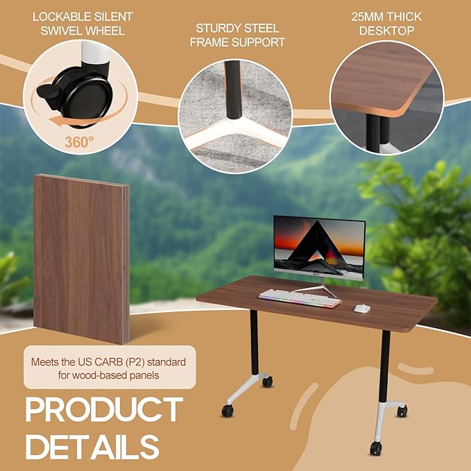 Folding Conference Table 4ft 5ft, Foldable Office Meeting Desk for 6 People, Multiple Sizes Colors Mobile Conference Room Table for Training Room School Business Furniture (2, Walnut, 71in)