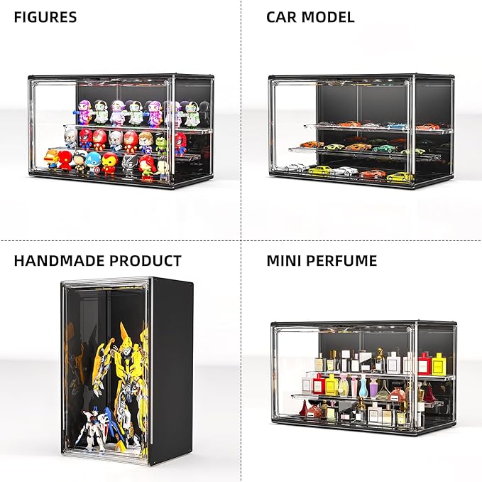 Acrylic Display Case for Collectibles with LED Light, 3 Layer Adjustable Figure Display Case with Magnetic Door, Lighted Display Box Stackable Clear Blind Box for Action Figure, Popmart, 2 Pack, Black