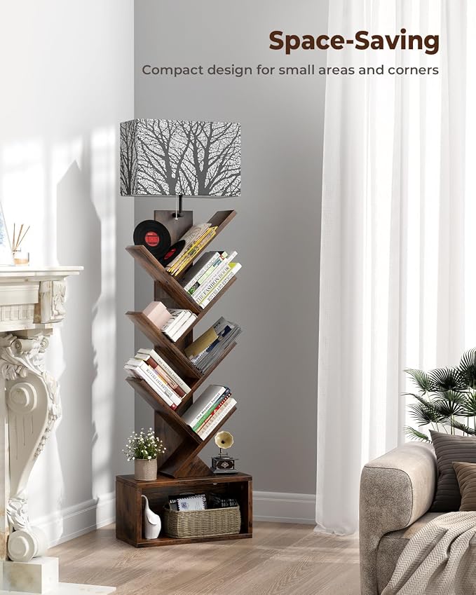 Evermagin 6 Tier Tree Bookshelf with Light, Bookcase, Branch Pattern | Rustic Brown Small Book Tower, Storage Cabinet for Book Organization, Floor Standing for Living Room, Bedroom & Home Office