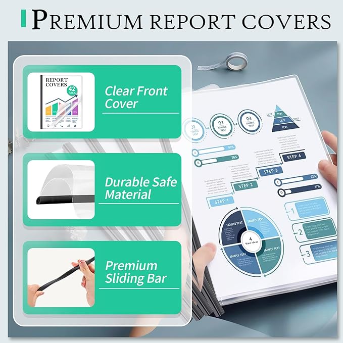 42 Pack Report Covers, COIDEA Report Covers with Sliding Bar | Presentation Folders for A4 and Letter Size Paper, Clear Report Covers Binder Bulk for School Business, 70 Sheet Capacity