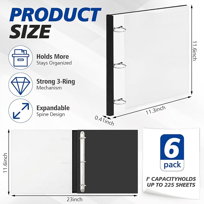 Henoyso 6 Pack 1 Inch D Ring Telescoping 3 Ring Binder Bulk, Binders with Clear Front Pocket and Telescoping Spine, 8.5" x 11" Paper Organizer, Home Office Organization Supplies(White)