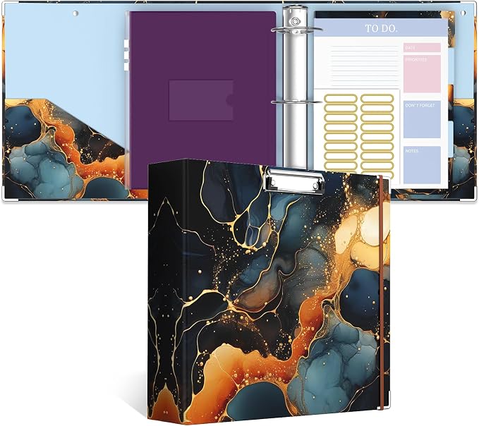 3 Ring Binder, 3 Inches Round Ring Binder with Clipboard, Dividers Tabs, PVC Zipper Bag Sleeves & to Do List Planners for Women, Men, School, Office Supplies, Abstraction