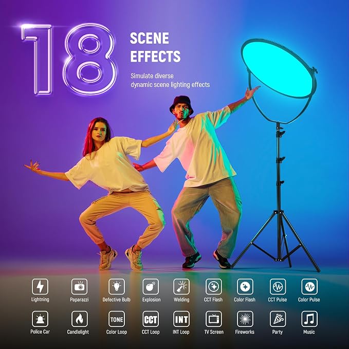 NEEWER 18" RGB LED Round Panel Video Light with APP Control, 65W 6000Lux/0.5m 2500K-8500K RGBCW Photography Studio Lighting /18 Scenes/V Battery Powered for Outdoor Filming Recording Streaming, GR18C