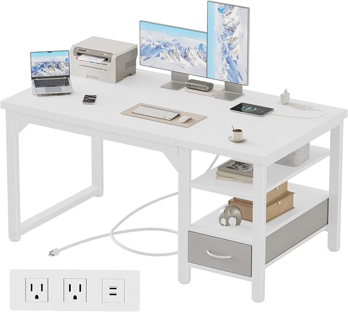 48" Computer Desk with Drawer, 1.2" Thick Reversible Office Desk | Modern Writing Table with Power Outlets & Storage Shelves, Heavy Duty Industrial Study Desk for Home Bedroom Work
