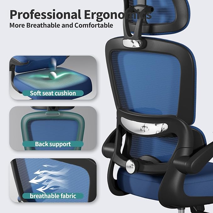 TRALT Office Chair Ergonomic Desk Chair - Gaming Chair with Lumbar Support | 330 LBS Home Office Desk Chairs with Headrest, Reading Chair with Flip-up Armrests, Comfortable Computer Chairs (1, Blue)