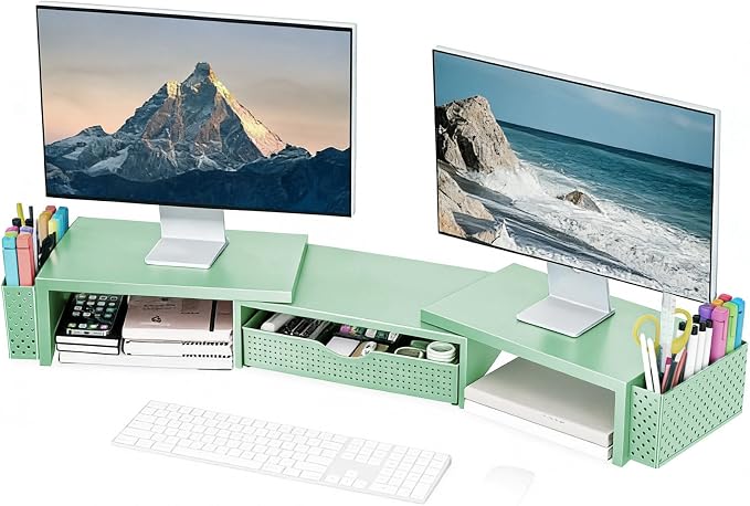 Spacrea Metal Desk Organizers and Accessories, Dual Monitor Stand Riser with Drawer and 2 Pen Holders, Book Racks, Desk Accessories & Workspace Desktop Organizers for Office Supplies (Sage Green)