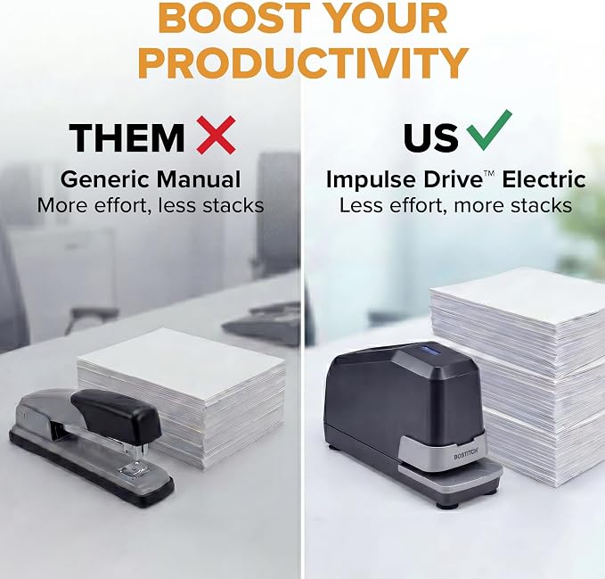 Bostitch Office Impulse Heavy Duty Electric Stapler Value Pack, 45 Sheet Capacity, Includes 5,000 Staples, No-Jam, Faster Stapling, Silver