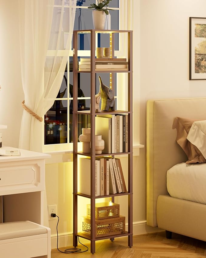 Open Book Shelf with LED Lights, 6 Tier Tall Bookshelf, Freestanding Shelf Narrow Bookcase with Open Shelves, 14.57" x 10.63" x 65.83", Book Shelves for Living Room, Office, Study, Walnut