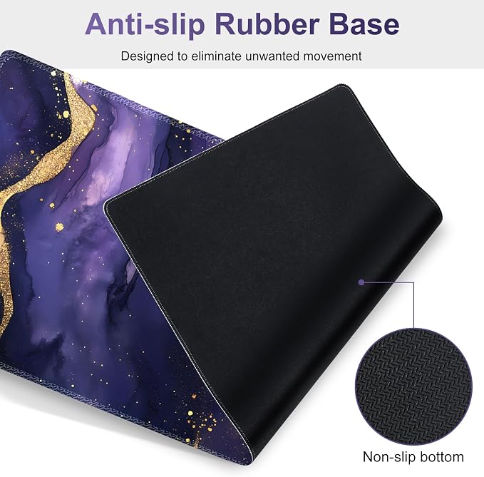 Large Gaming Mouse Pad Set, 4 in1 Ergonomics Keyboard Desk Mat with Memory Foam Wrist Rest, Extended Game Mousepad, Non-Slip Desk Pad Matt Easy Typing Pain Relief I Purple Golden Marble