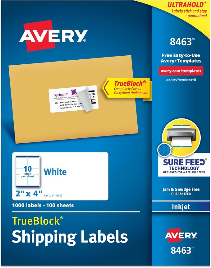 Avery Printable Shipping Labels, Sure Feed Technology, 2" x 4" Customizable Stickers, White, 1,000 Blank Mailing Labels, Great for Mailing, Shipping, and More (8463)