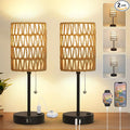 Rattan Bedside Table Lamps Set of 2 - Boho Lamps With 3 Color Temperatures & USB AC Port, Pull Chain Table Lamp For Bedroom, Cute Small Lamp For Nightstand Office Desk Bed Side End Table Living Room