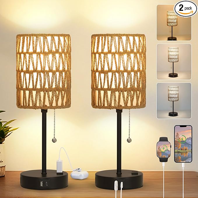 Rattan Bedside Table Lamps Set of 2 - Boho Lamps With 3 Color Temperatures & USB AC Port, Pull Chain Table Lamp For Bedroom, Cute Small Lamp For Nightstand Office Desk Bed Side End Table Living Room