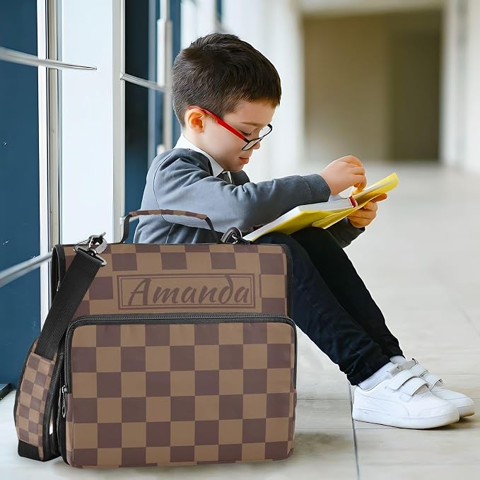 Custom 3 Ring Zipper Binder Brown Checkerboard B Personalized Name 1.5 inch Binders Large Capacity Multi Pockets for School Office Supplies