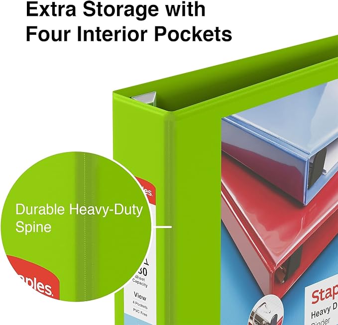 Staples Heavy-Duty 2-Inch D-Ring View Binder, Reinforced Spine, Holds Up to 450 Sheets, Chartreuse, for Office & School