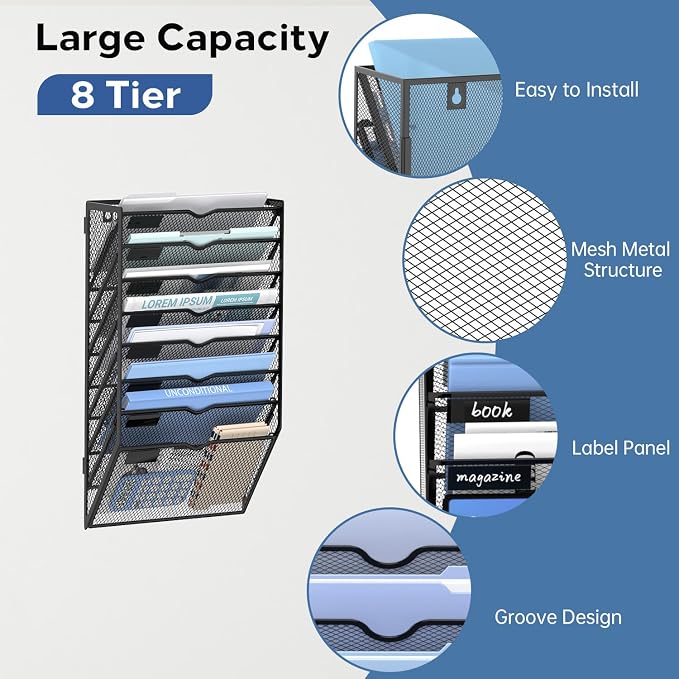 8-Tier Wall File Organizer and Hanging File Organizer, Black | Wall Organizer and Wall Mounted File Holder with 8 Pockets and Label Panels for Files, Mail, Folders, Magazines and Paper