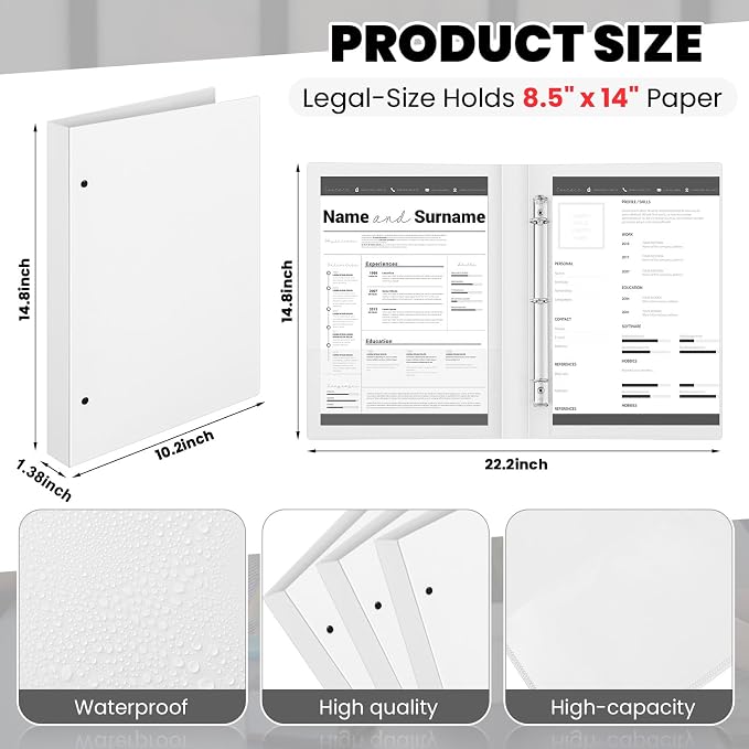 Henoyso 4 Pcs Legal Size Binder 3 Ring 1" Durable White Binders for 8.5" x 14" Paper Hold up to 175 Sheets for Documents Artwork Blueprints, Office, Home, Work Places