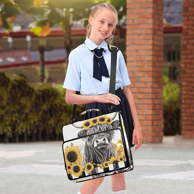 3 D-Ring Zipper Binder Bag, Gray Highland Cow Yellow Sunflower Removable Binder with Zipper Case Hold 300+ Sheets& 13 Inch Laptop for School Office Supplies Organizer