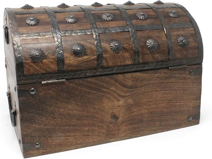 Nautical Cove Treasure Chest Keepsake and Decorative Wood Box (XX-Large 13x8x8.75) - Storage Box, Wooden Box with Hinged Lid, Rustic Storage, Pirate Storage Box, Vintage Wooden Chest