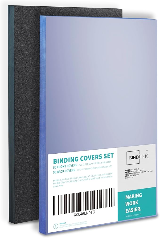 Binditek 100 Pack Binding Covers Set, 5.5x8.5 Inches, 8Mil PVC & 12Mil Poly | Binding Covers Set, 5.5x8.5 Inches Half Letter Size, 8Mil Clear PVC Front, 12Mil Black Poly Back, Square Corners, Unpunched