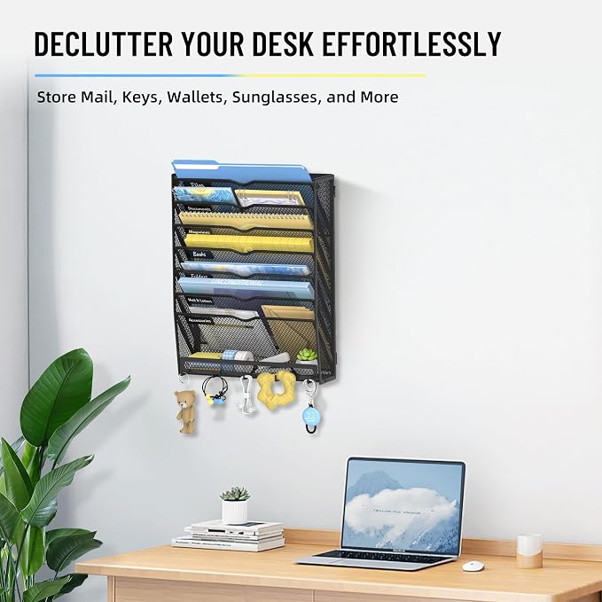 8-Tier Wall File Organizer with Hooks, Hanging File Organizer | Metal Mesh Mail Organizer, Wall Mounted File Organizer for Home, Classroom, Office Organization