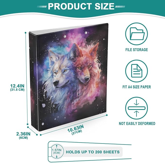 3 Ring Binder, Space Galaxy Wolf File Folder Holds 200 Sheets File Storage for Women Men School Office Supplie