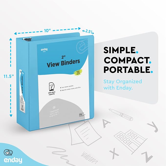 Enday 2 inch 3 Ring Binder (6 Pack - Blue) Binder 2 inch with Clear View Cover and 2 Inside Pocket - for Letter Size 8.5 x 11'' Paper, Ideal for School Supplies, Office, and Home