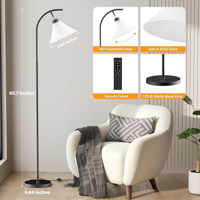 Glass Floor Lamp, Dimmable Black Standing Lamp with Remote Control & 3 Color Temperatures, Modern Arc Floor Lamps for Living Room Bedroom Office Corner, 9W LED Bulb Included