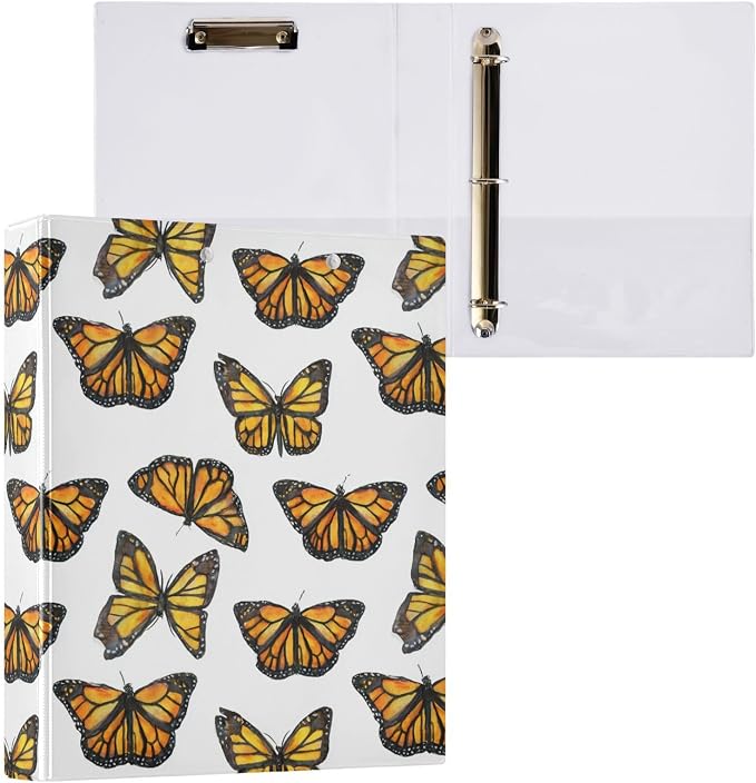 Watercolor Monarch Butterfly Binder 3 Ring 1.5 Inch Binder with Clipboard&Pockets, Hardcover Binders Heavy Duty Large File Folder for Office School Supplies - Holds 200 Sheets